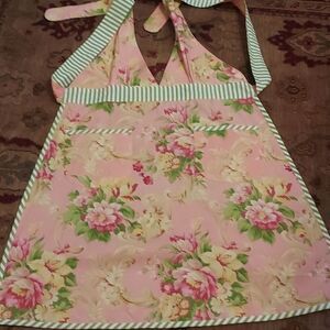 Halter apron with pockets pink & green cabbage rose PLUS FREE cookbook